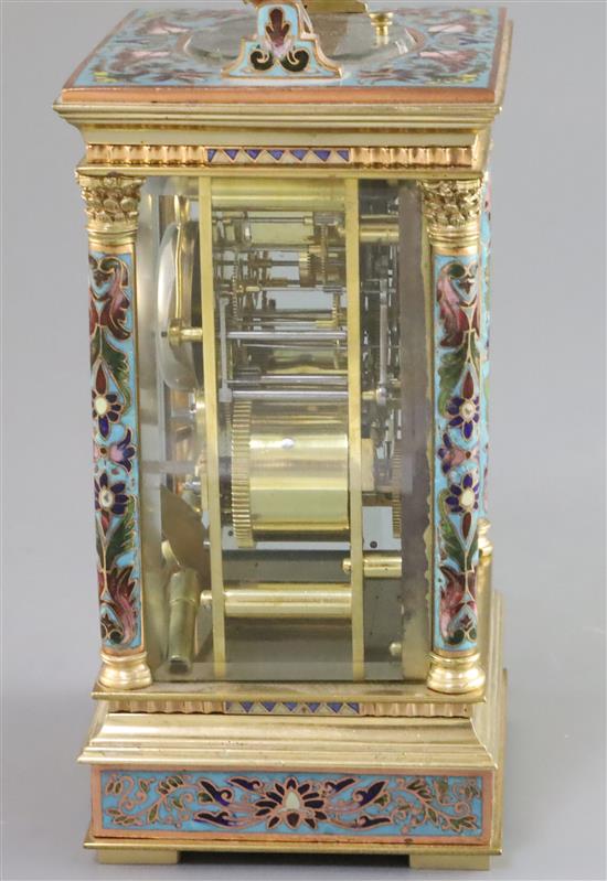 An early 20th century French ormolu and champleve enamel hour repeating carriage alarum clock, height 7.5in.